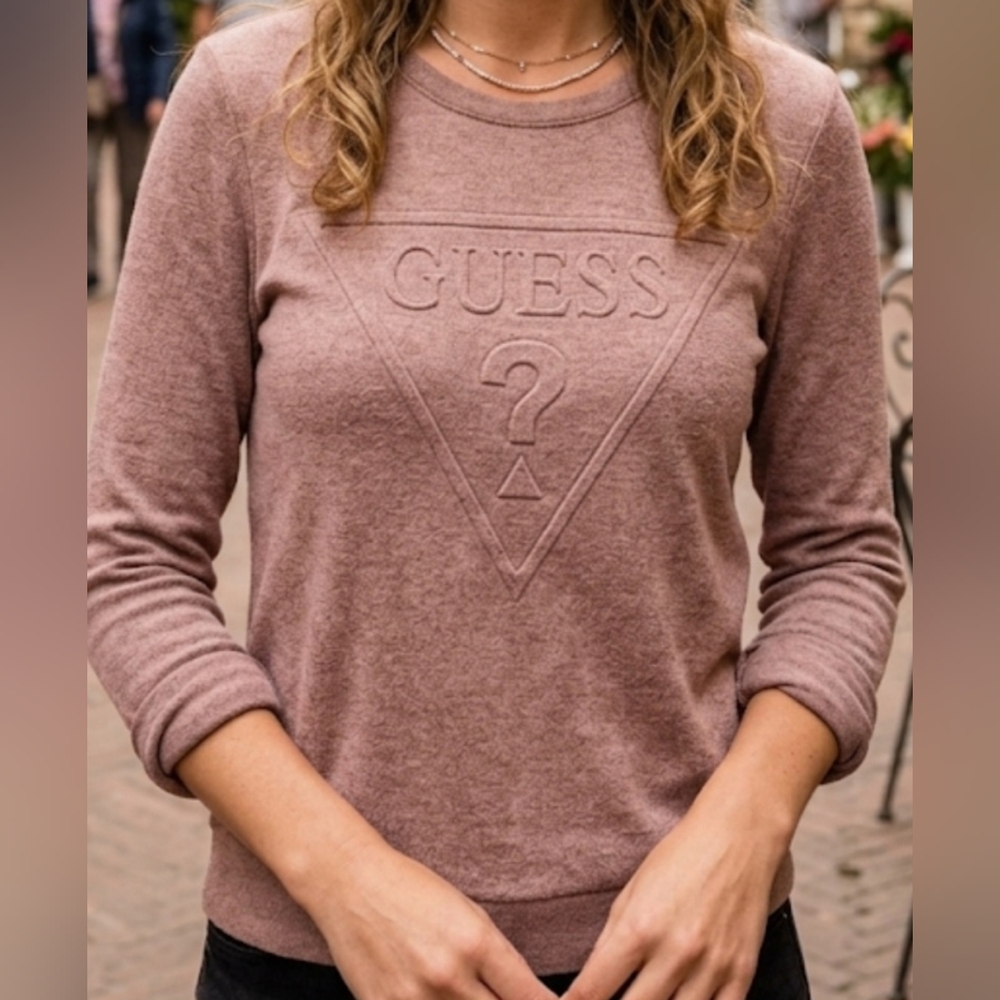 Guess Women's Mauve Logo Long Sleeve Top Size:M